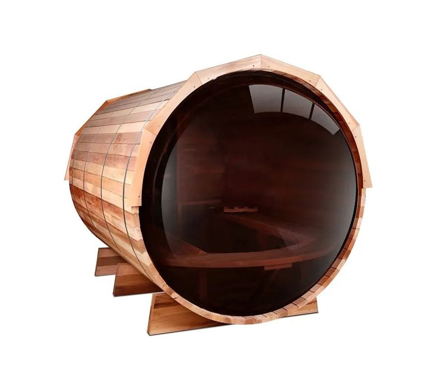 Natürliche Holzfarbe 2025 Kanadische Zeder / Hemlock Traditionelle Dampfsauna-Fassraum mit 6 kW Holzofen und Panoramaglas