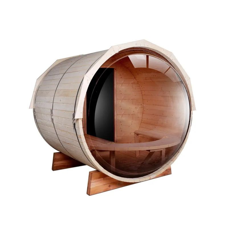 Natürliche Holzfarbe 2025 Kanadische Zeder / Hemlock Traditionelle Dampfsauna-Fassraum mit 6 kW Holzofen und Panoramaglas