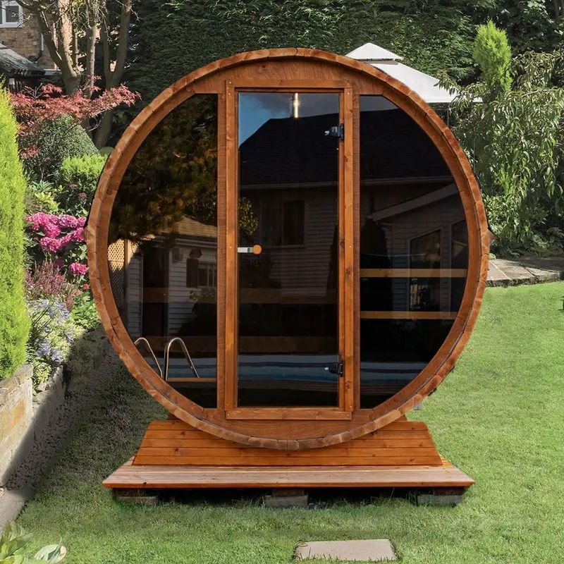 2025 Rotes Zedernholz Massivholz 4-6 Personen Outdoor Trocken-Dampf Sauna Hemlock Fass mit Ofen und Langlebiger Konstruktion