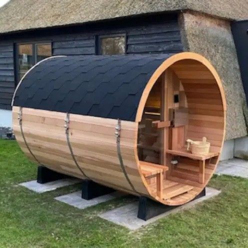 2025 Rotes Zedernholz Massivholz 4-6 Personen Outdoor Trocken-Dampf Sauna Hemlock Fass mit Ofen und Langlebiger Konstruktion