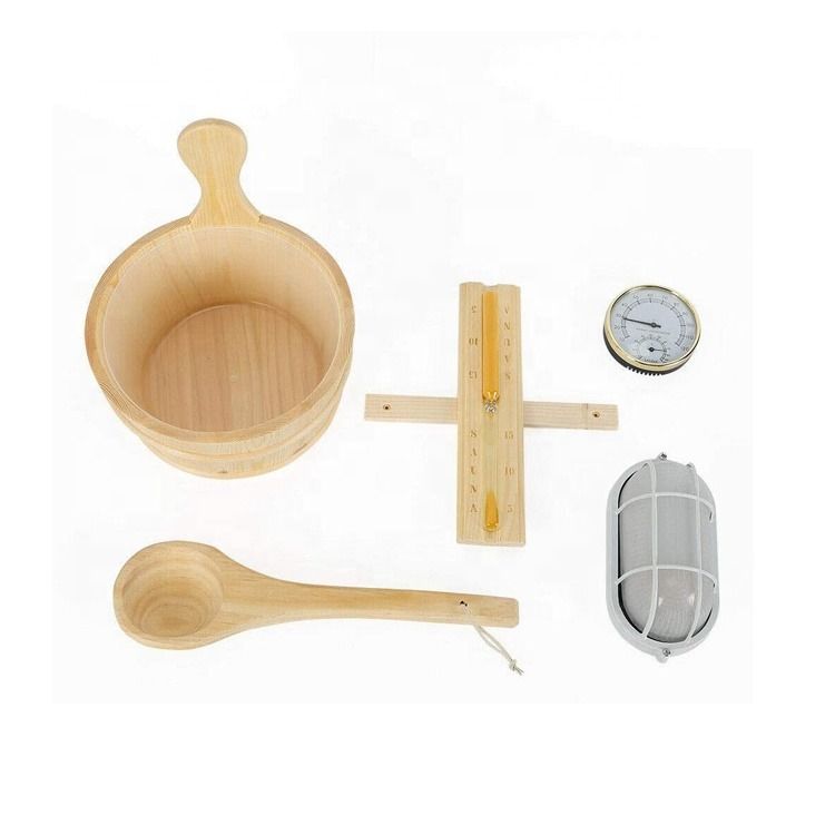 Sauna Zubehör Set Eimer Holz Eimer Schöpfer Lampe Traditionelle Taschenuhr mit Thermometer Wasserschöpfer Sanduhr Spa Home Sauna Kit