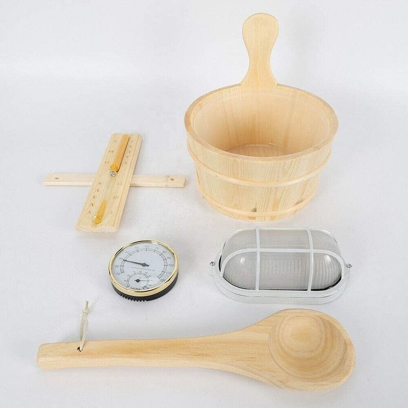 Spa Sauna Set Eimer Holzeimer Schöpfer Lampe Traditionelle Tasche Zuhause Timer mit Thermometer Wasserschöpfer Sanduhr Sauna Zubehör Bundle