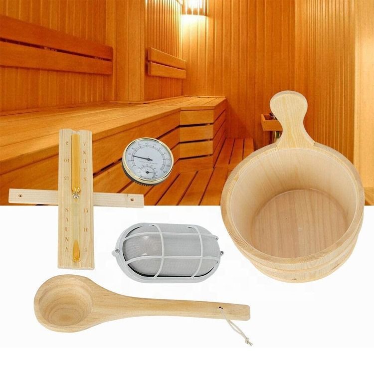 Spa Sauna Set Eimer Holzeimer Schöpfer Lampe Traditionelle Tasche Zuhause Timer mit Thermometer Wasserschöpfer Sanduhr Sauna Zubehör Bundle