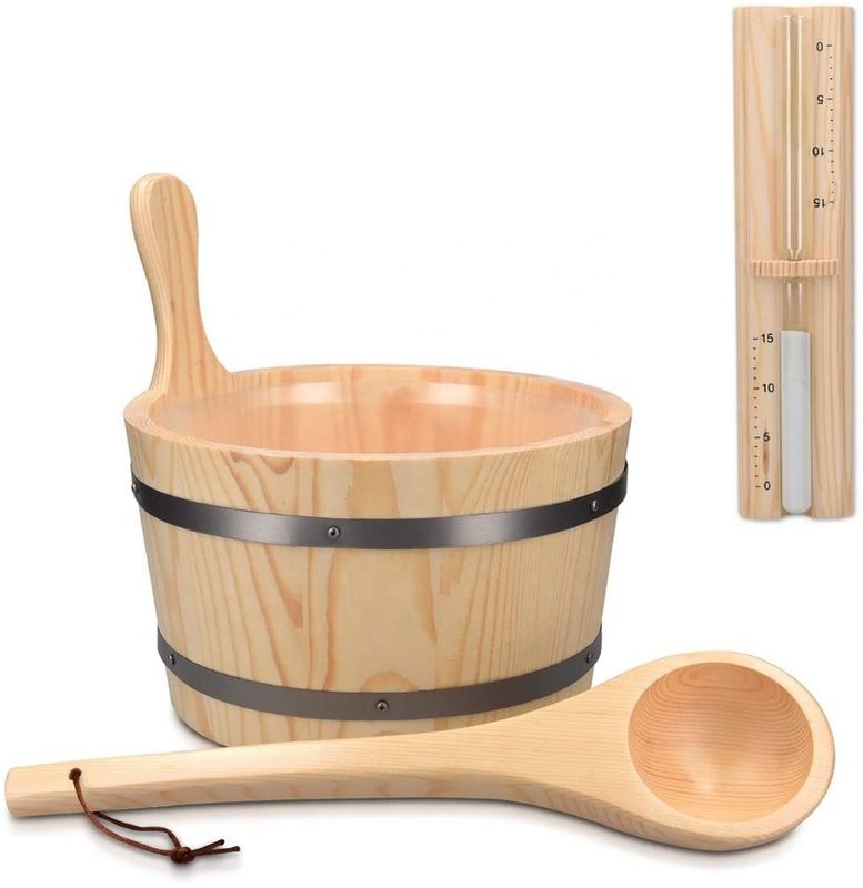 Traditionelle Sauna Holz Eimer mit Tasche Spa Wesentliches Zubehör für Dampfbad Kiefer Holz Eimer Liner Tasche Kunststoff Sand Timer
