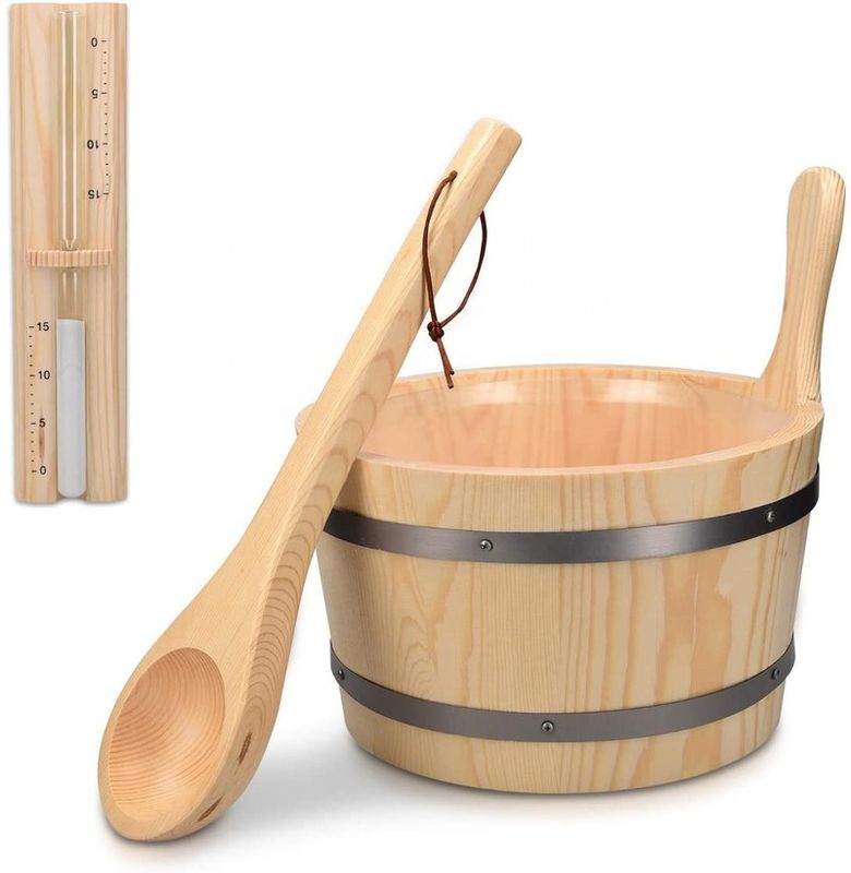 Traditionelle Sauna Holz Eimer mit Tasche Spa Wesentliches Zubehör für Dampfbad Kiefer Holz Eimer Liner Tasche Kunststoff Sand Timer